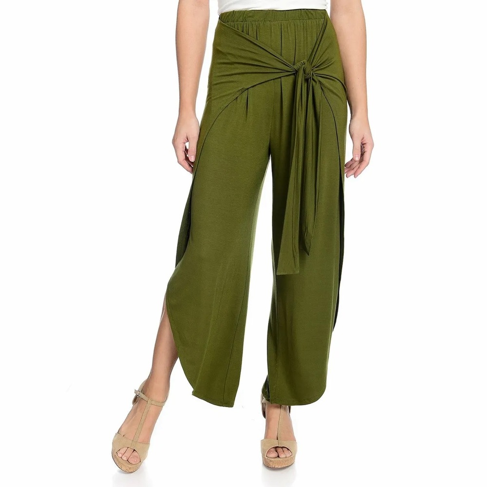 Kate & Mallory Stretch Knit Elastic Waist Wide Tulip Leg Tie-Front Pants